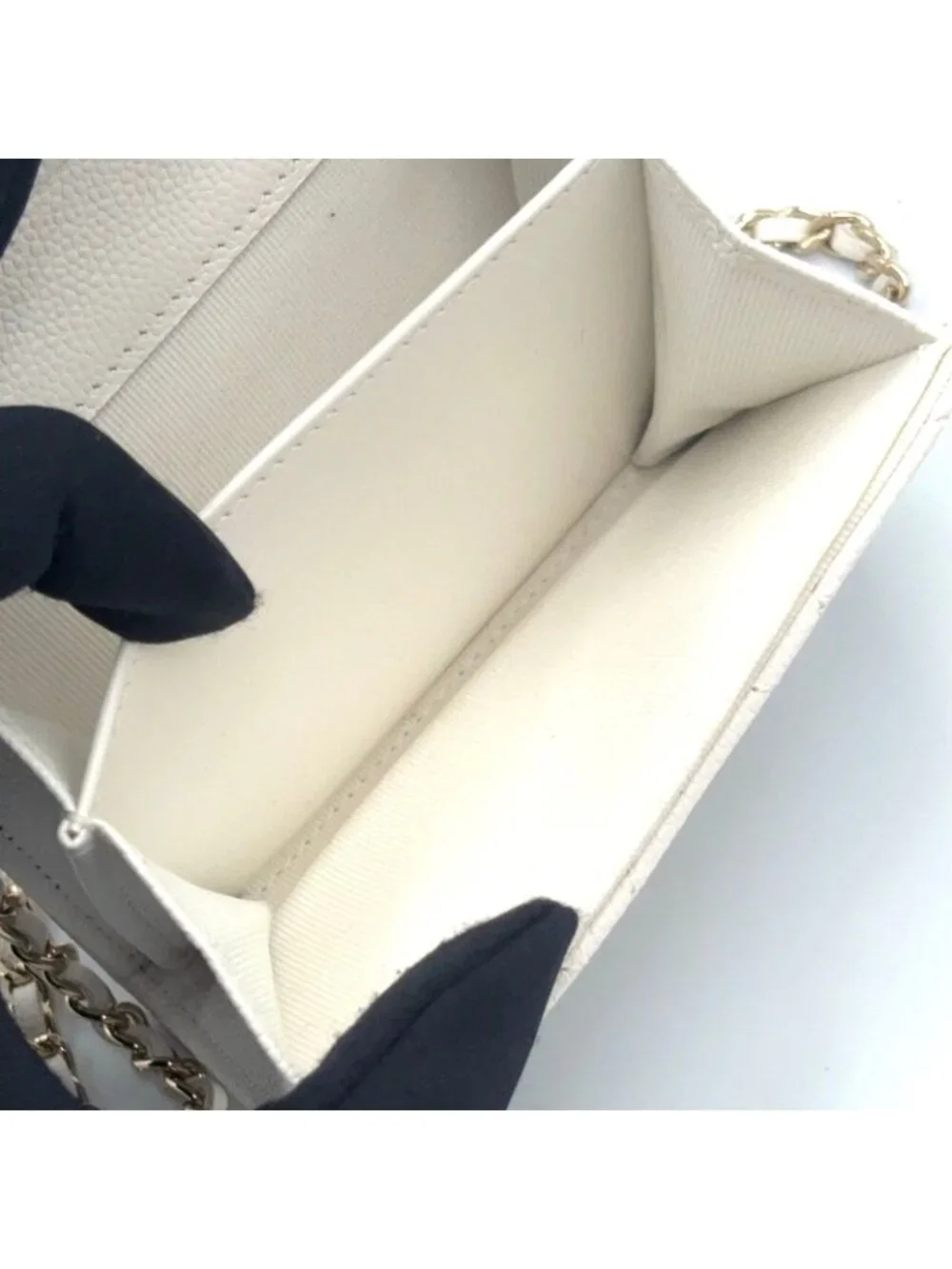 Chanel Quilted Mini Chain Random Caviar Leather White Wallet Gold